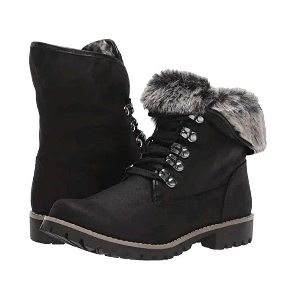 Cliffs White Mountain Size 8.5 Fur Trim Lace Up Black Faux Leather Combat Boots